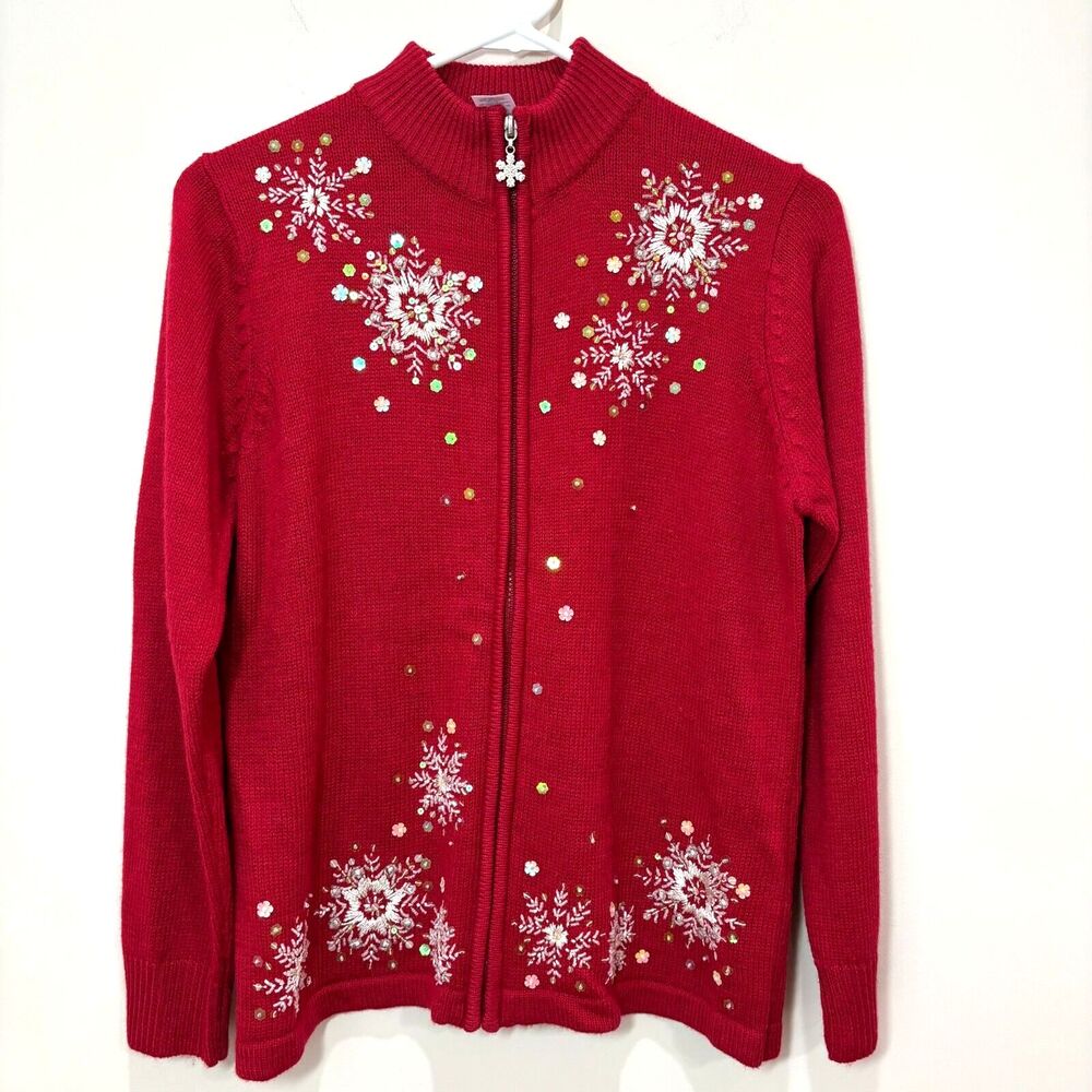 VTG Red Zipper Cardigan Womens M Snowflake Embroidery Beaded Holidays Grannycore